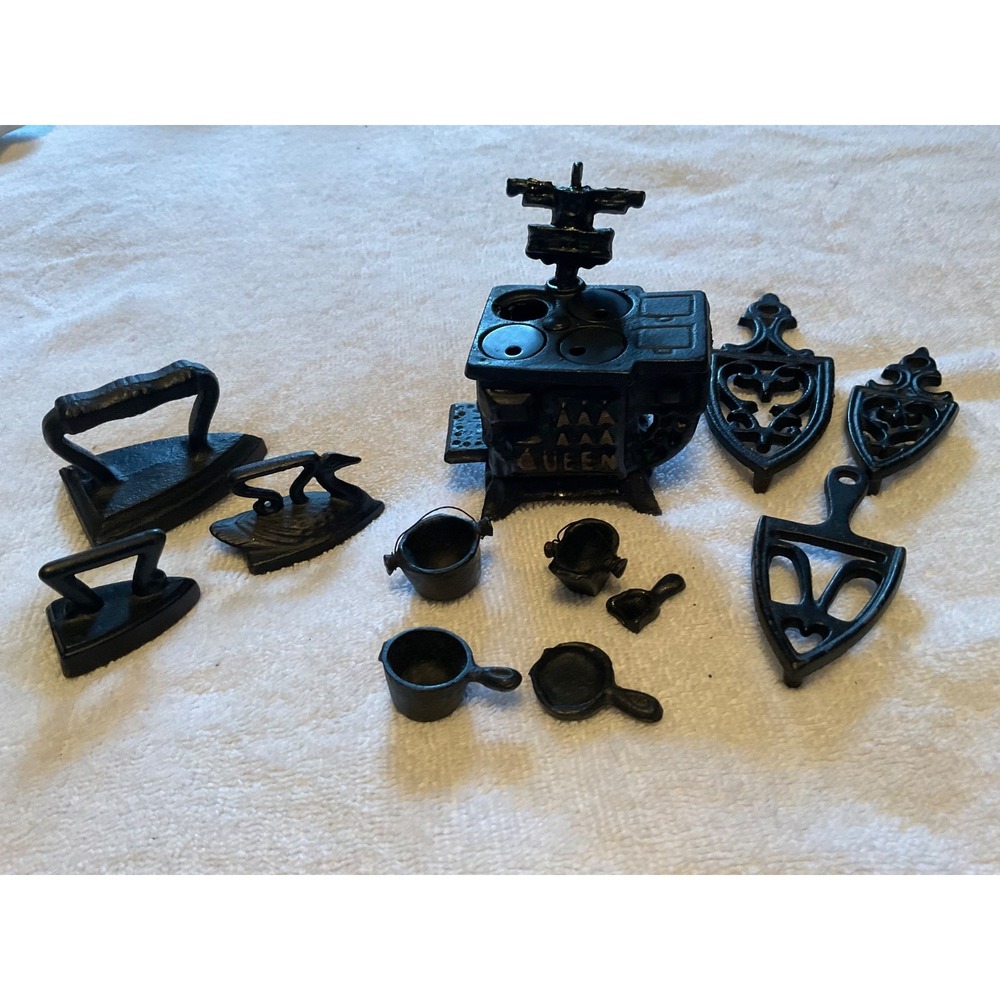 Miniature Cast-Iron Queen Stove, Pots/Pans, Coa Bucket/Shovel, Irons, Trivets